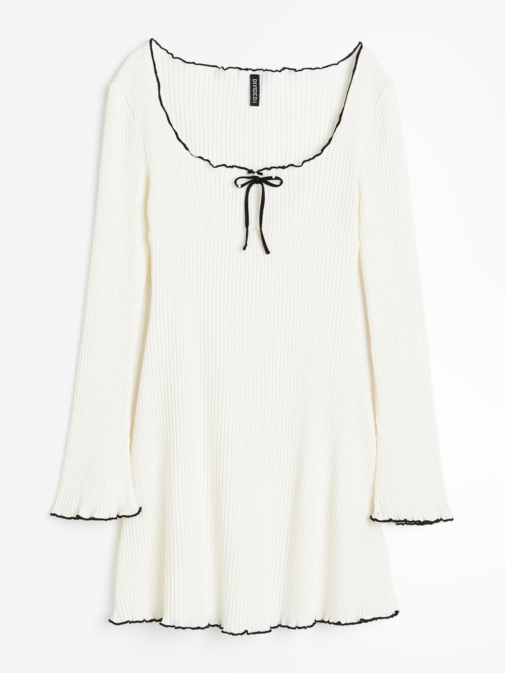 H&M Cream Ribbed Long-Sleeve Mini Dress with Black Trim